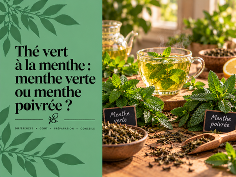 Thé vert à la menthe avec menthe verte et menthe poivrée fraîches illustrant leurs différences de goût et d’intensité.