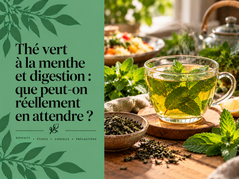 Tasse de thé vert à la menthe après un repas illustrant les effets réels et les limites du thé à la menthe sur la digestion.