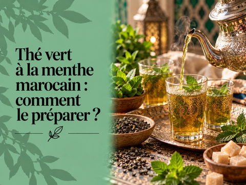 Thé vert à la menthe marocain servi dans des verres avec théière, menthe fraîche et feuilles de Gunpowder