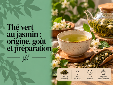Thé vert au jasmin avec tasse, feuilles de thé et fleurs de jasmin illustrant son origine, son goût et sa préparation