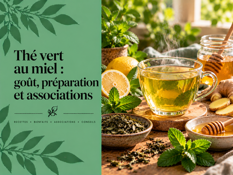 Tasse de thé vert avec miel, citron, gingembre et menthe illustrant les meilleures associations pour préparer un thé vert au miel.