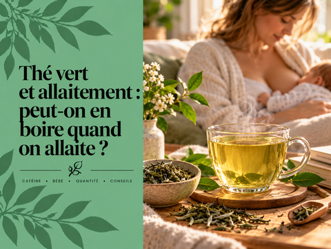 Tasse de thé vert près d’une mère allaitant son bébé, illustrant la caféine et les précautions liées au thé vert pendant l’allaitement.