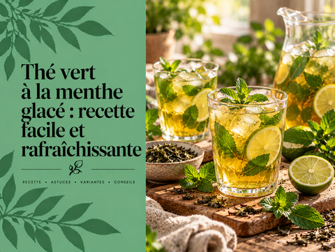Verre de thé vert à la menthe glacé avec glaçons, menthe fraîche et citron vert pour une boisson rafraîchissante maison.