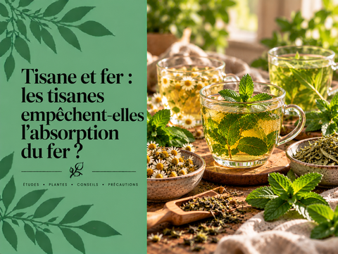 Tasse de tisane avec menthe, camomille et verveine illustrant l’influence possible des infusions sur l’absorption du fer.