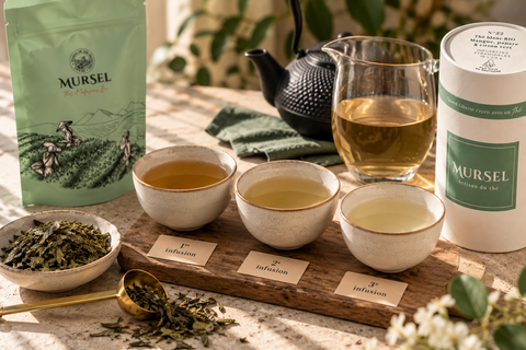 Réinfusion du thé MURSEL avec plusieurs tasses montrant les différentes infusions des mêmes feuilles de thé