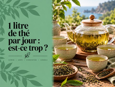 Théière d’un litre et plusieurs tasses de thé illustrant la consommation quotidienne de thé et la question de la caféine